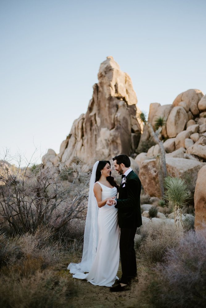 Couple face to face under a tall Joshua tree