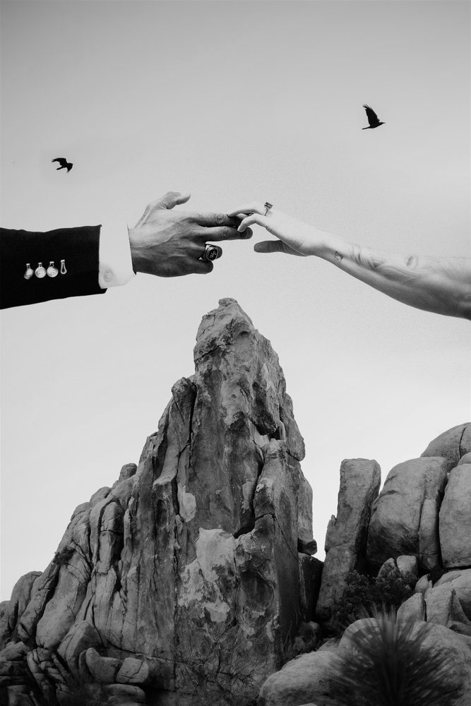 Hands reaching over a Joshua Tree rock spire