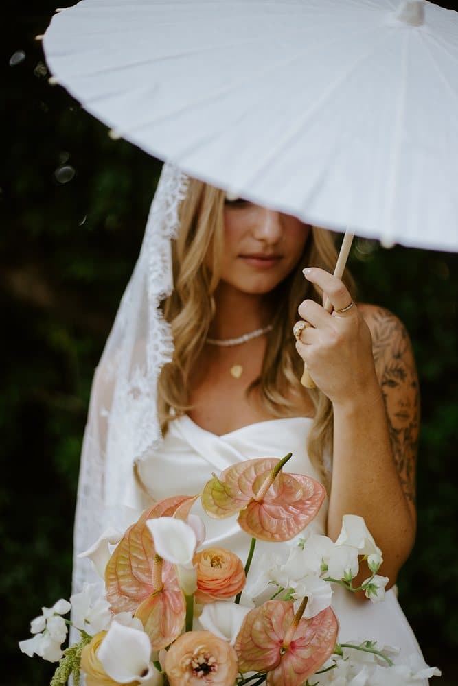 Bride under a white parasol