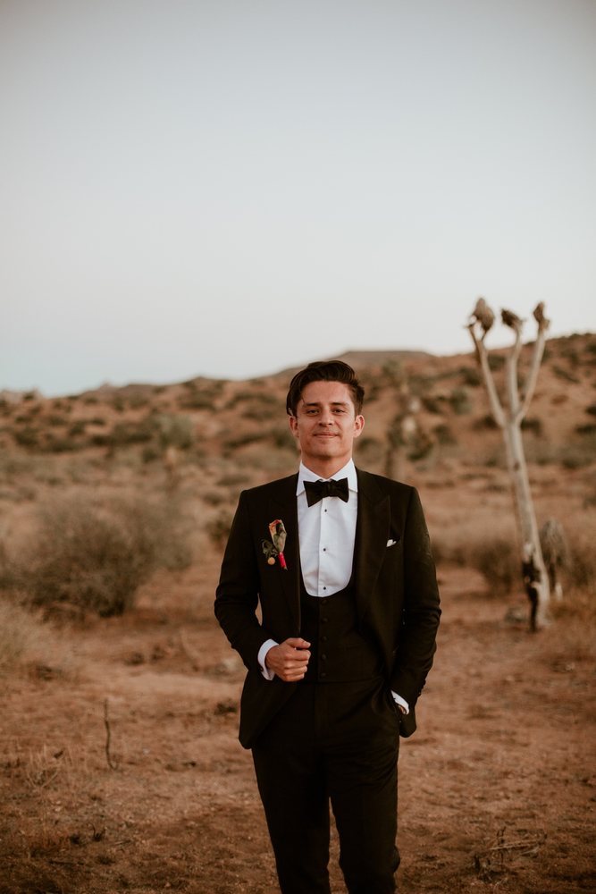 Groom portrait in a tuxedo in the desert