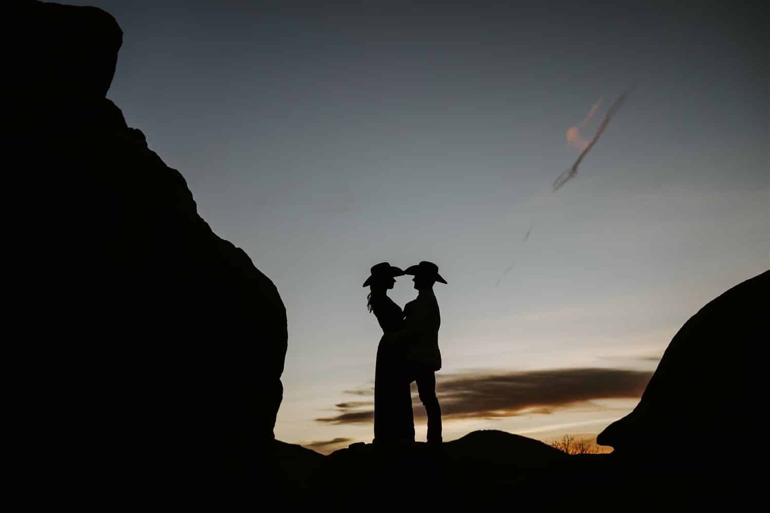 Silhouette in cowboy hats at dusk